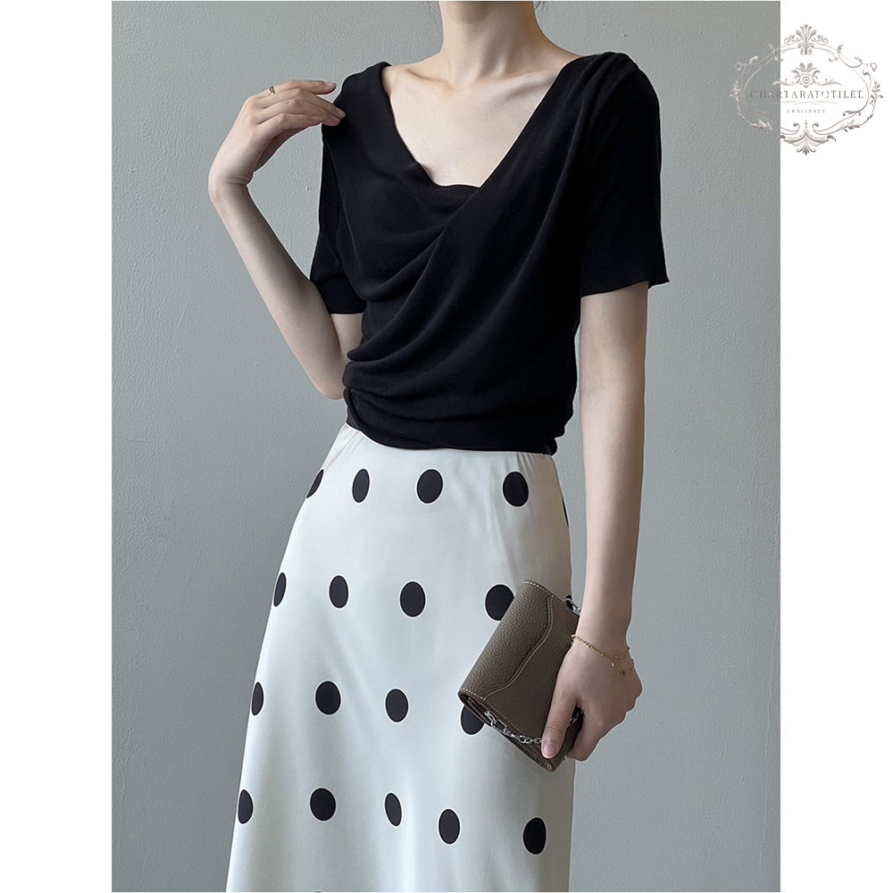 French Pure Desire Swing Collar Short Sleeve T-shirt Irregular Slim Waist Slimming Top [CHT29]