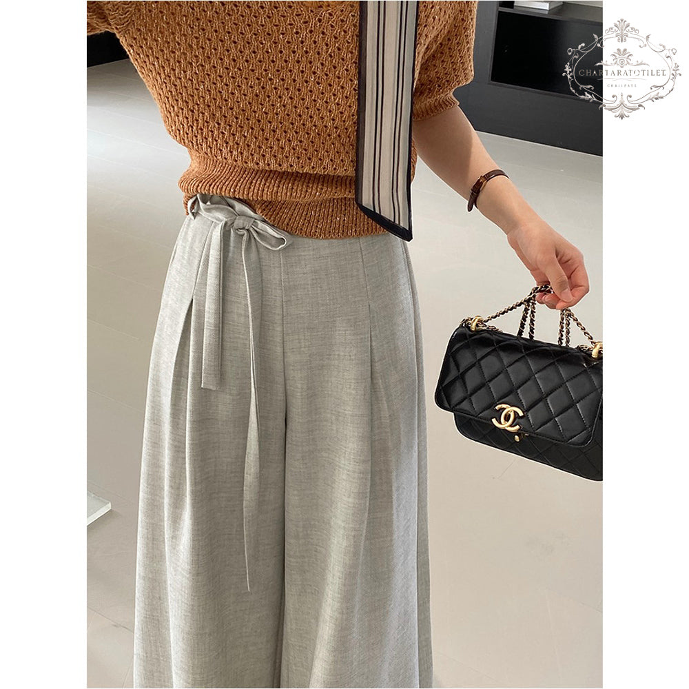 Heavy industry spring and summer suit material floor-length trousers with waist rope wide-leg drape floor-length trousers [CHTR29]