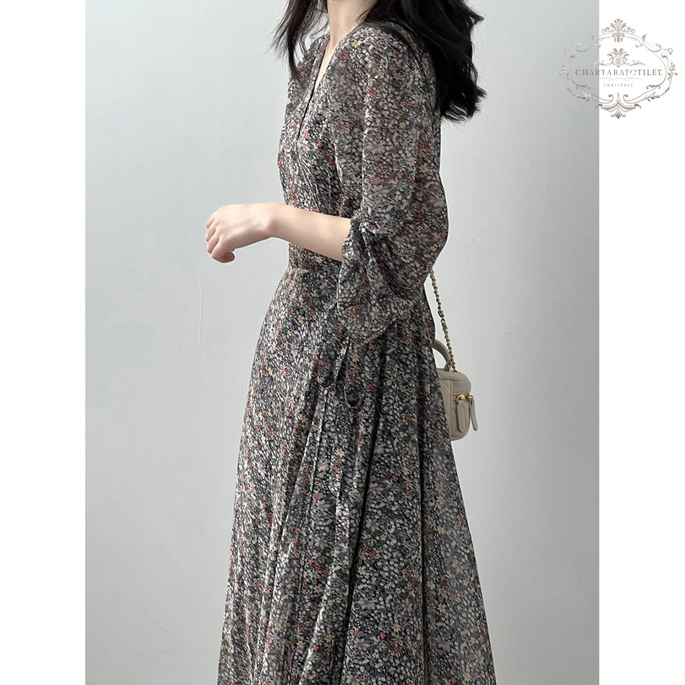 French style floral V-neck dress chiffon puff sleeves [CHSK132]