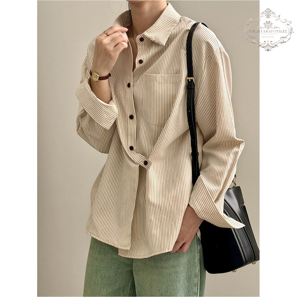 Age-reducing French striped shirt folded long-sleeved shirt [CHSH112]