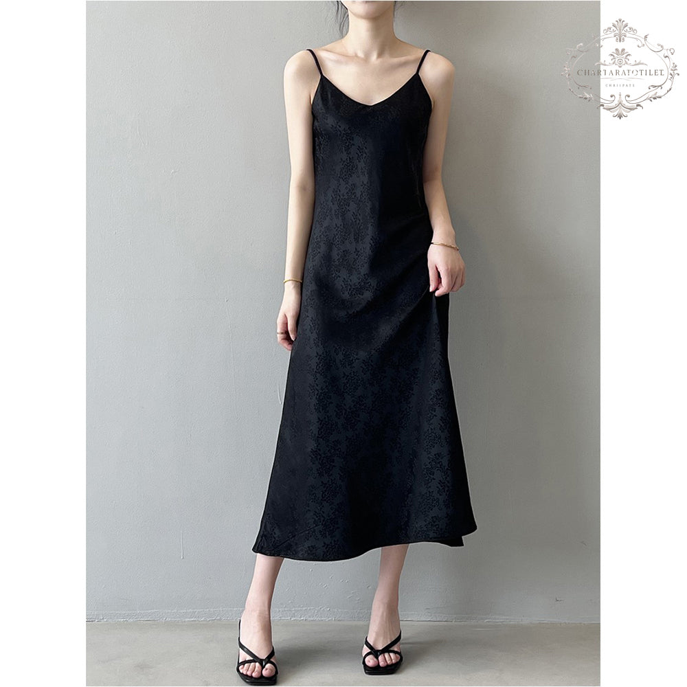 New palace style jacquard V-neck suspender dress spring and summer satin drape long skirt [CHSK139]