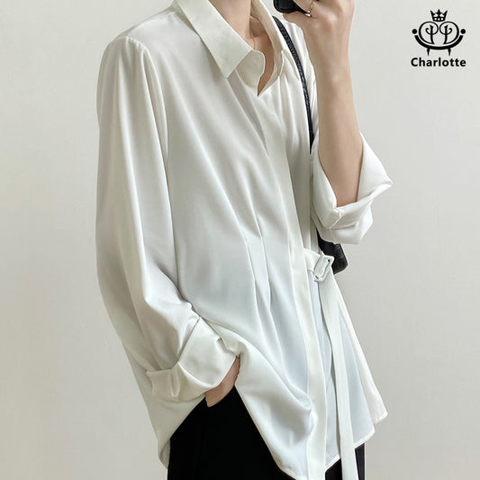 French meteor linen lace-up drape shirt long-sleeved shirt loose and slim shirt [CHSH77]