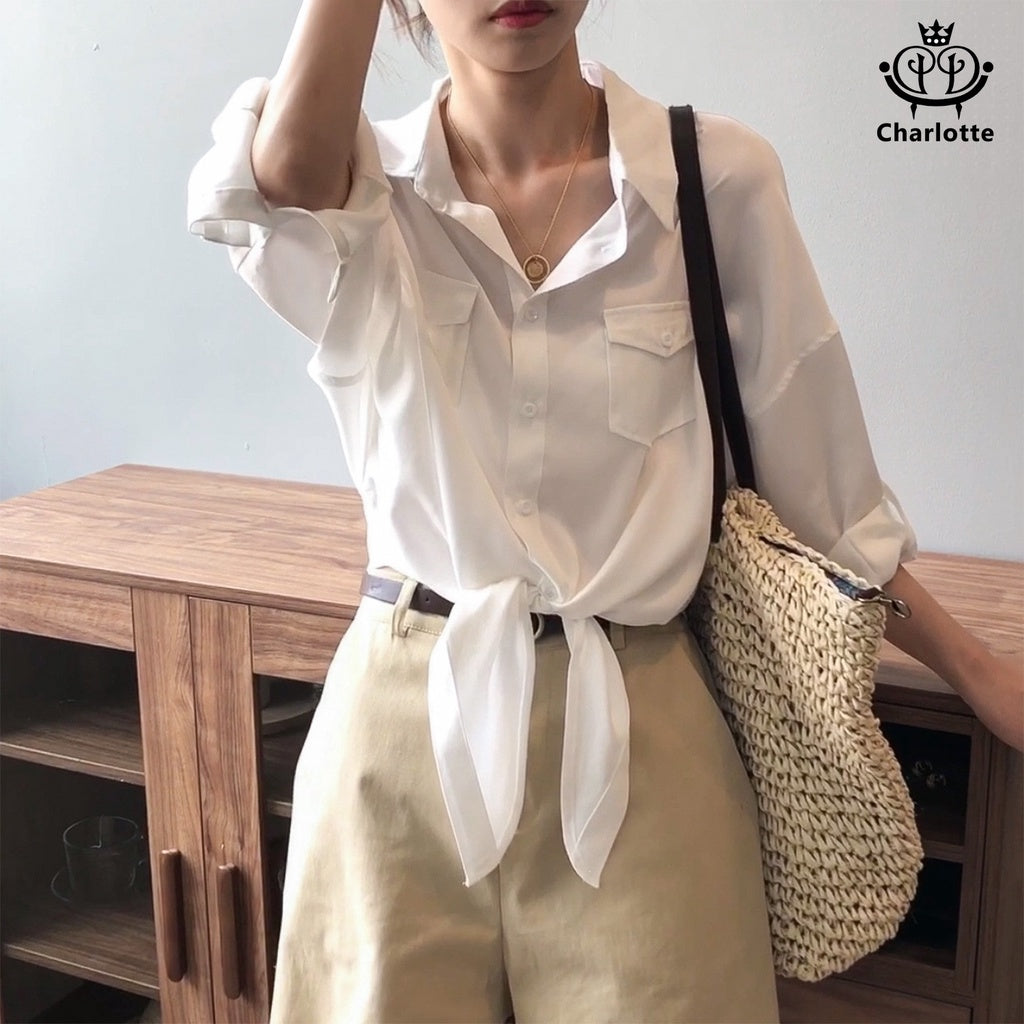 French retro solid color lace-up shirt, long-sleeved shirt, versatile casual shirt [CHSH42]