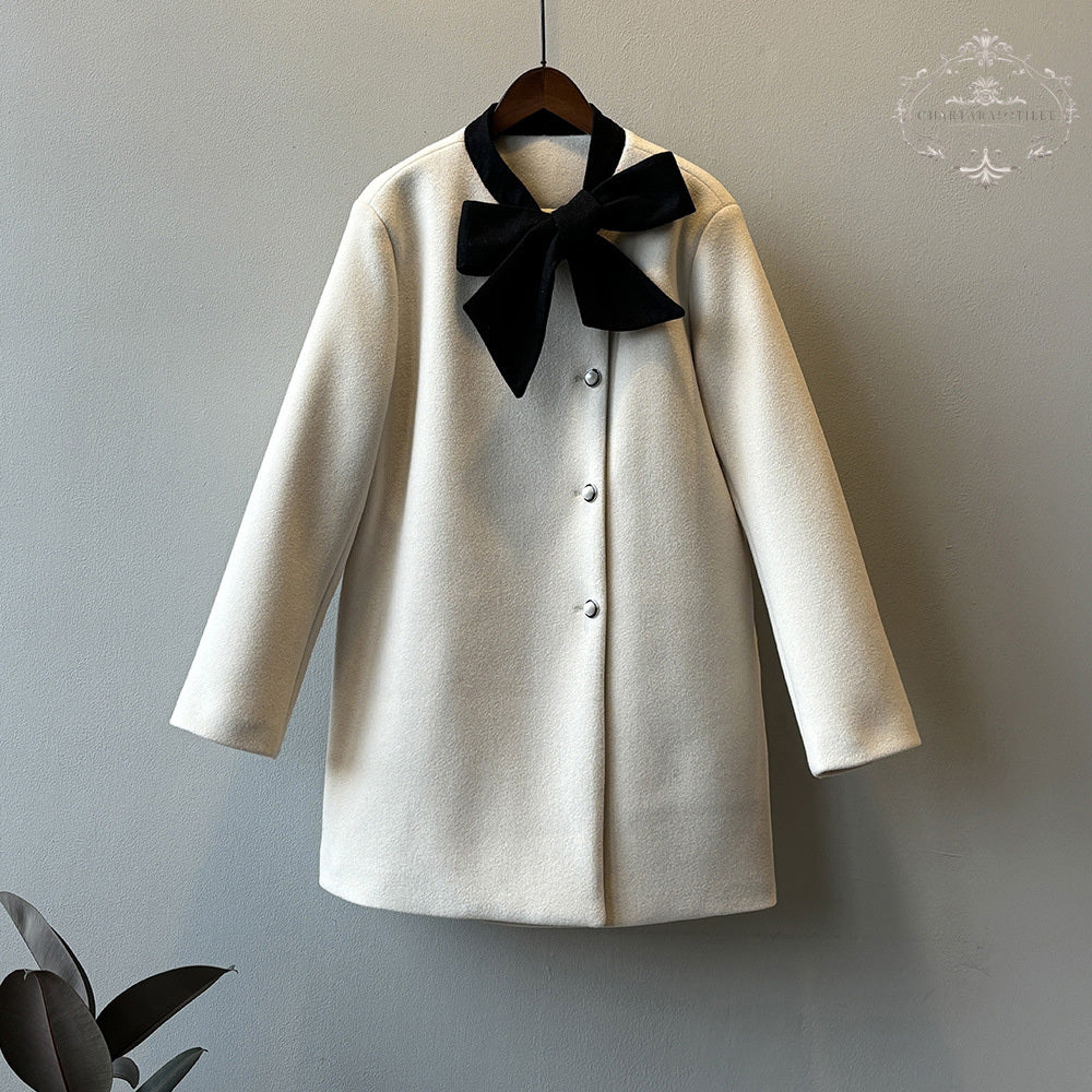 Xiaoxiangfeng contrasting bow woolen jacket in winter is loose and warm with white duck down lining [CHCO78]