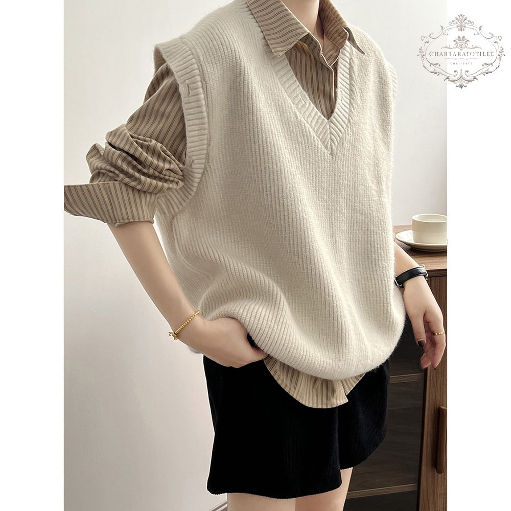 French inverted triangle V-neck knitted hole-in-the-wall vest spring loose lazy vest [CHVE12]