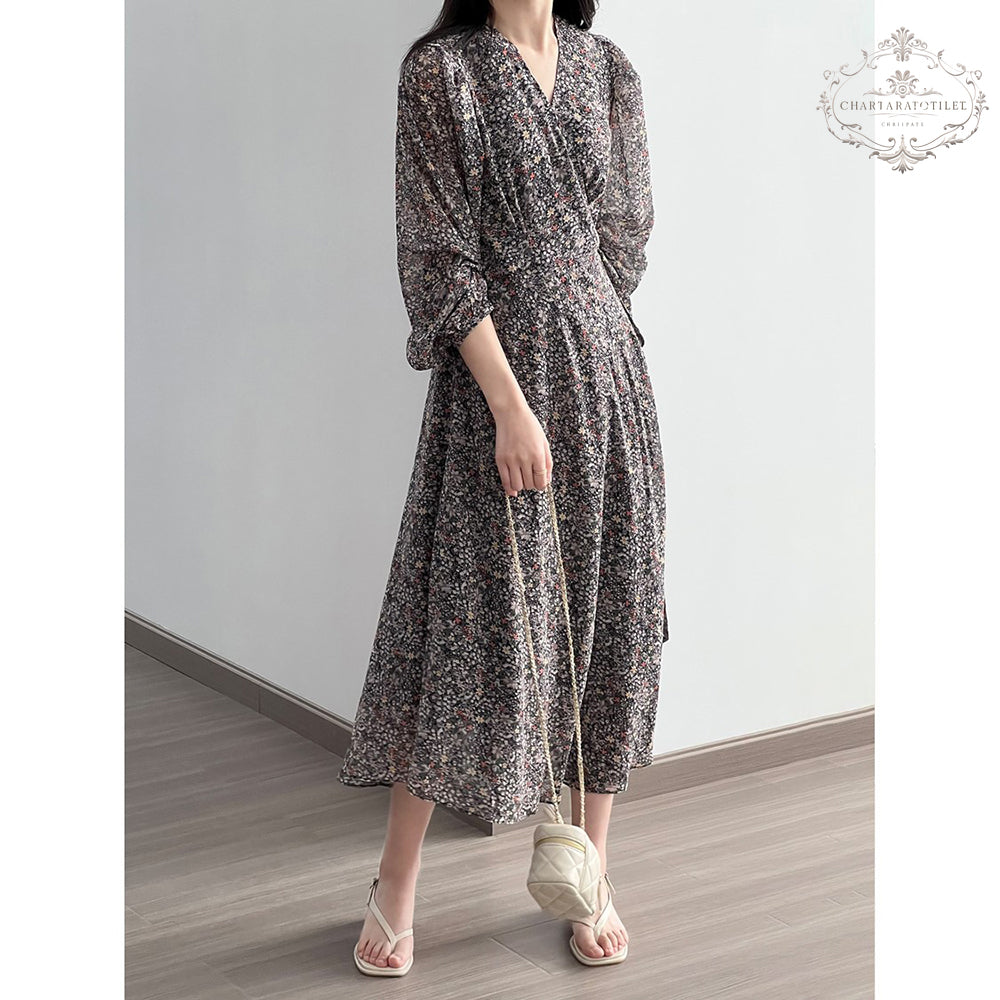 French style floral V-neck dress chiffon puff sleeves [CHSK132]