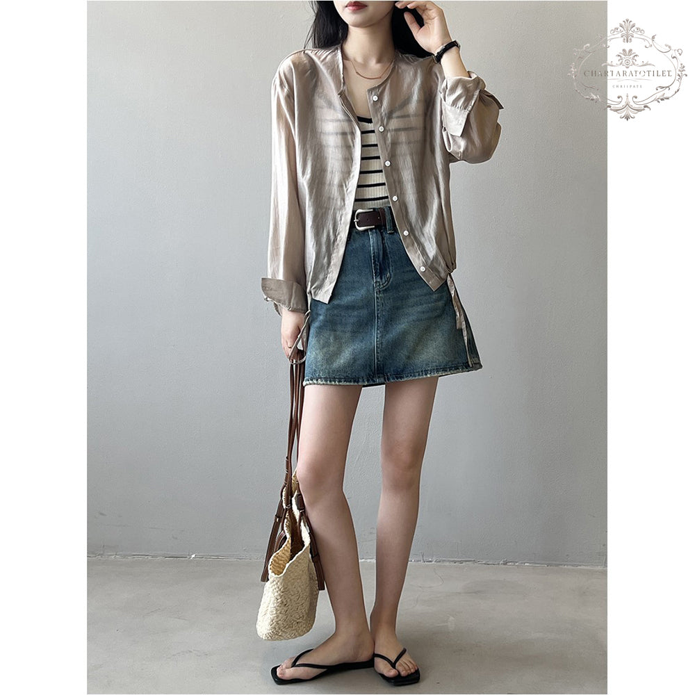 Korean drawstring design Tencel shirt metallic cold strap Tencel top [CHSH117]