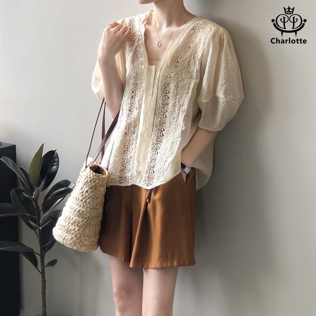 French lace embroidered babydoll shirt V-neck puff sleeve short-sleeved shirt [CHSH62]