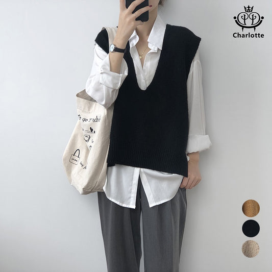 French V-neck loose vest sweater vest knitted vest vest [CHSW17]