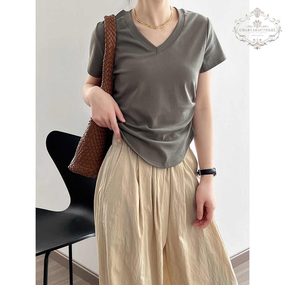 Silo cotton spring and summer pleated V-neck short-sleeved T-shirt for girls, slim waisted short-sleeved top, Korean-style slim-waisted short-sleeved top, moisture-wicking T [CHT27]