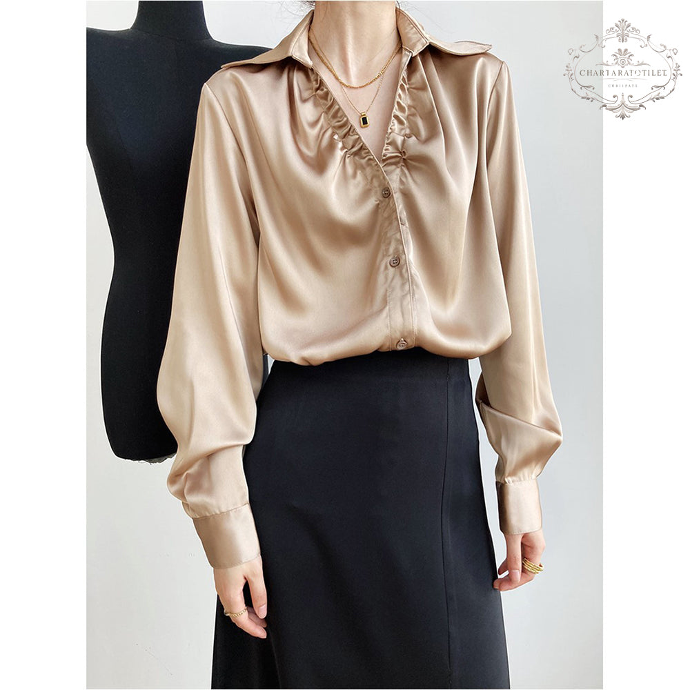 French European and American style lazy satin shirt pleated V-neck long-sleeved shirt [CHSH111]