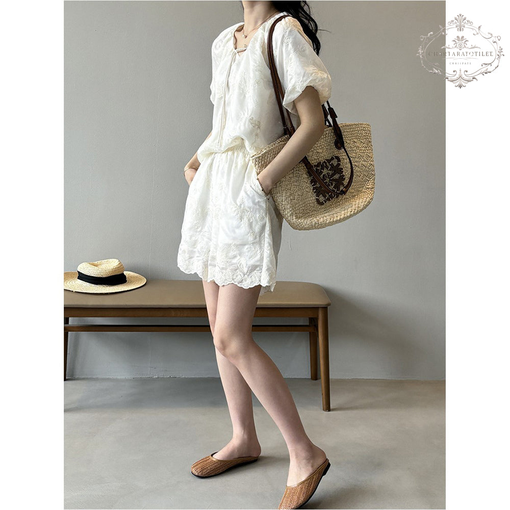 Baroque embroidered puff sleeves V-neck short-sleeved suit short-sleeved palace style Tencel top + shorts two-piece suit Lyocell Tencel suit [CHSH119]