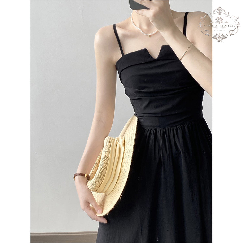 French retro waist-cinching A-line tube top long skirt pleated suspender dress [CHSK140]