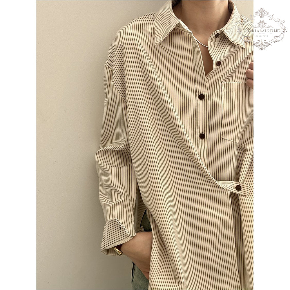 Age-reducing French striped shirt folded long-sleeved shirt [CHSH112]