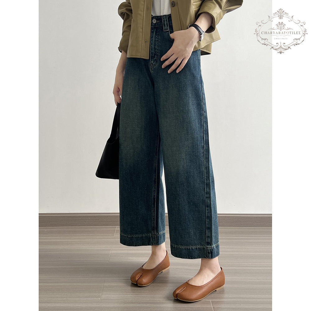 Lady's high-waisted straight-leg nine-point jeans Korean style loose wide-leg pants nine-point long jeans girls' jeans [CHJ11]