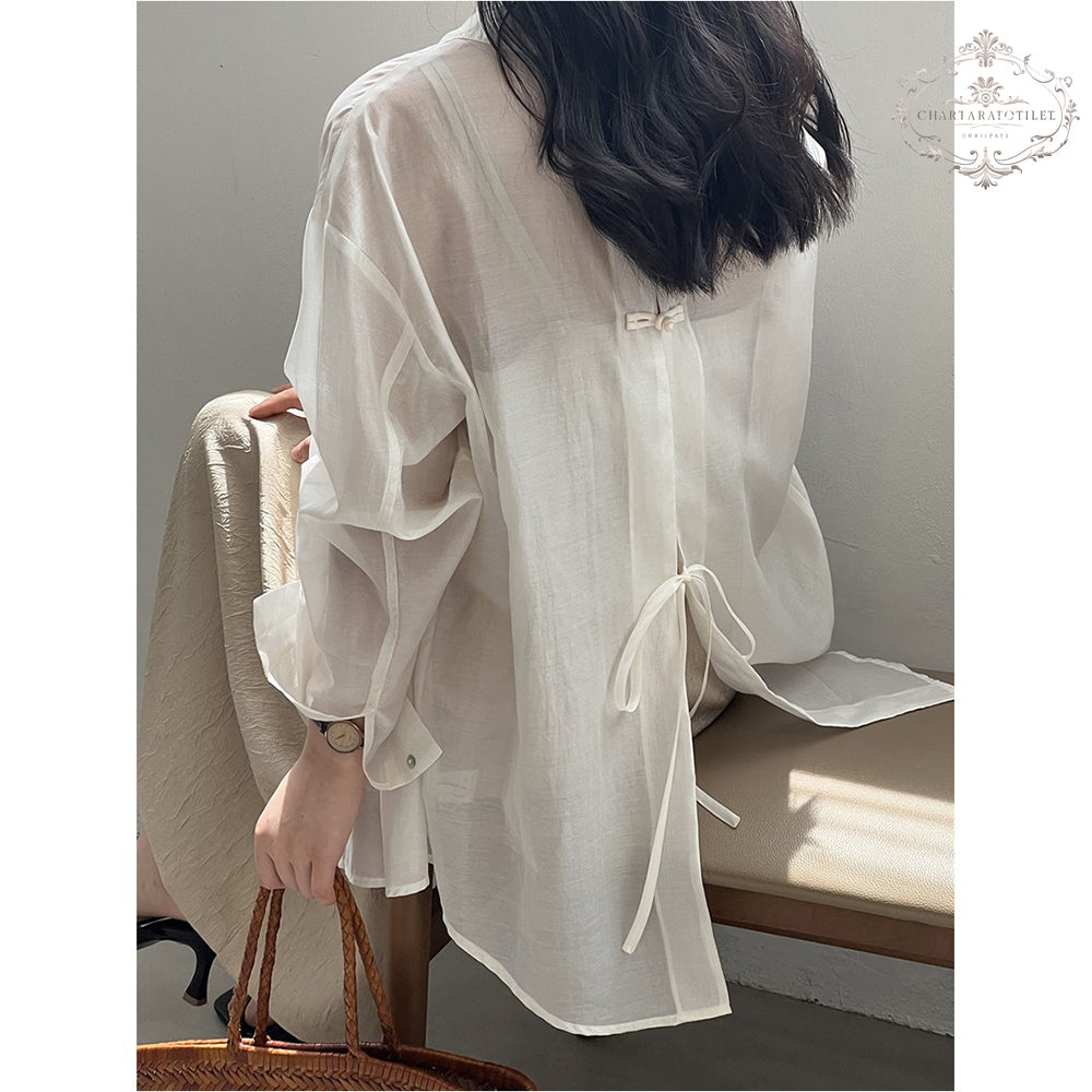 Beautiful buttoned light sunshade shirt with back slit and layered thin shirt [CHSH118]