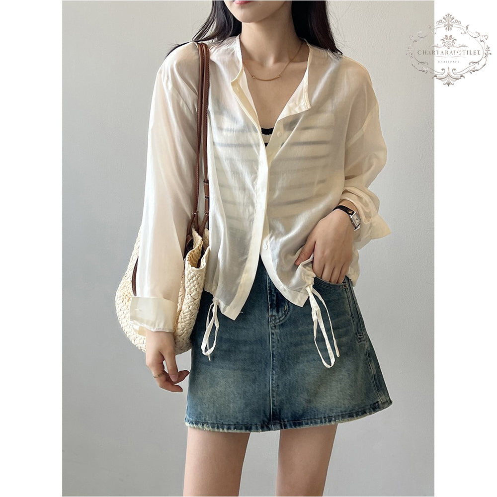 Korean drawstring design Tencel shirt metallic cold strap Tencel top [CHSH117]