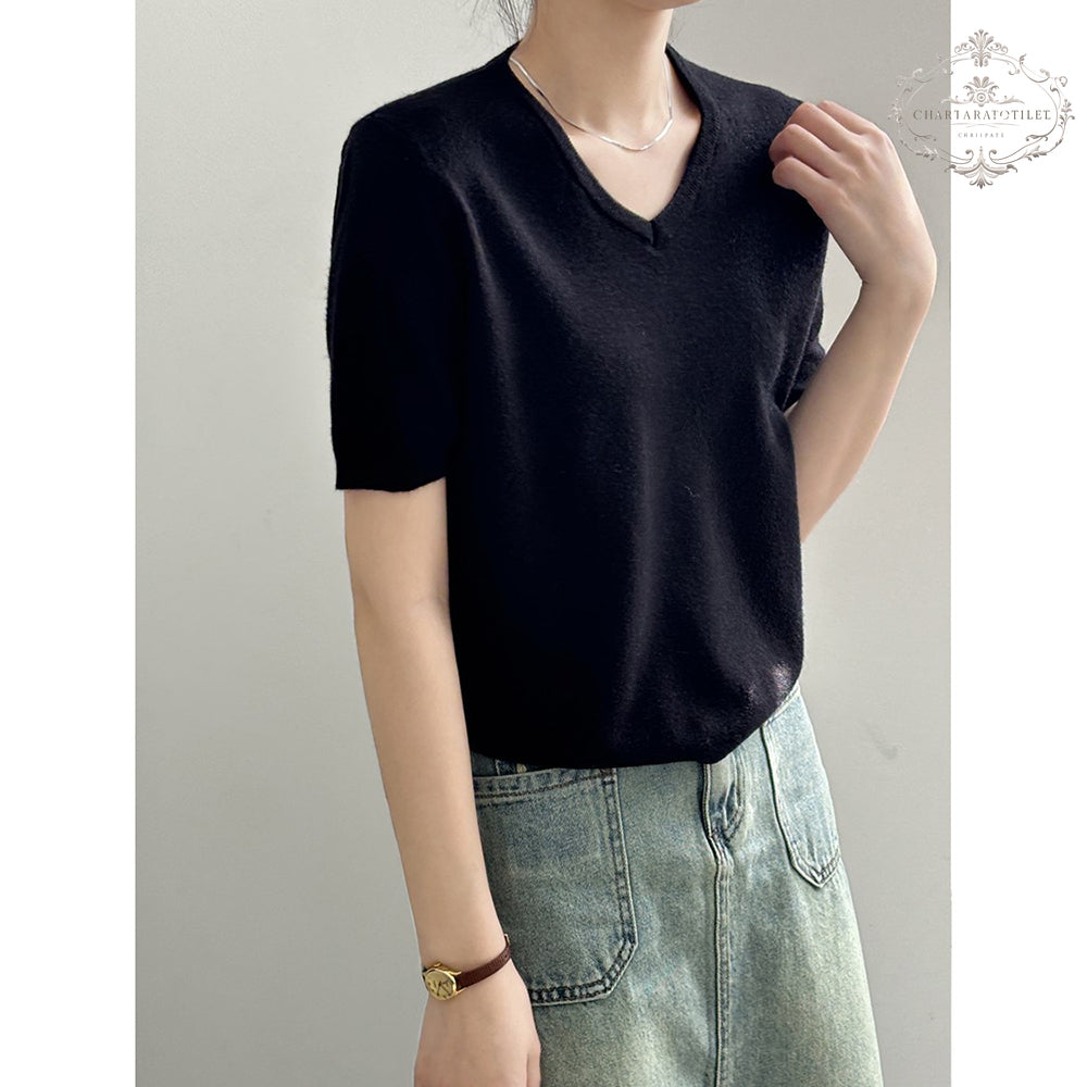 Simple velvet short-sleeved V-neck T spring thin bottoming pullover [CHT24]