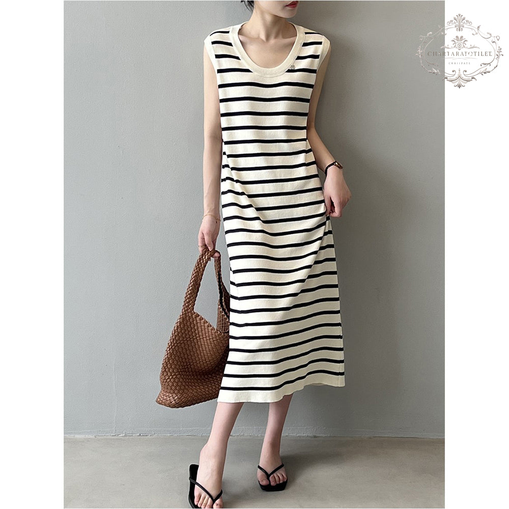 French ice silk sleeveless striped vest dress, elegant and simple style CHSK145