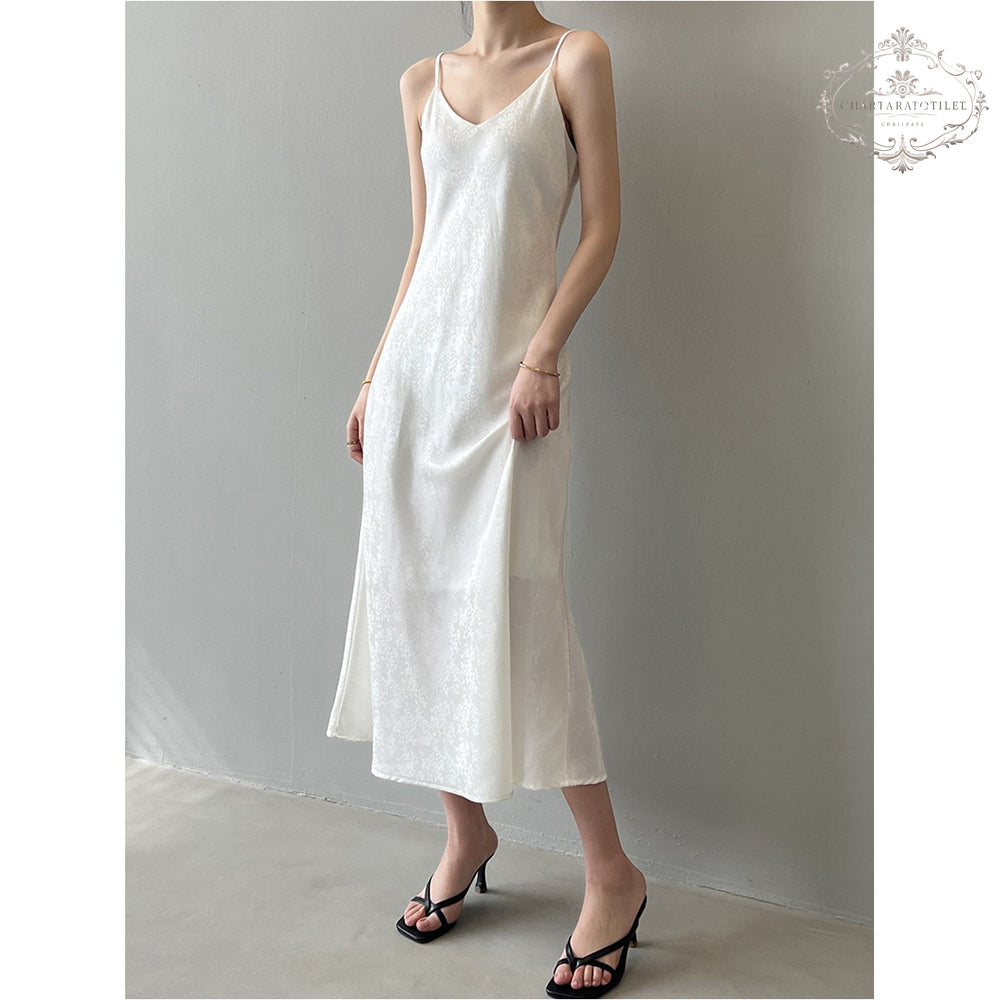 New palace style jacquard V-neck suspender dress spring and summer satin drape long skirt [CHSK139]