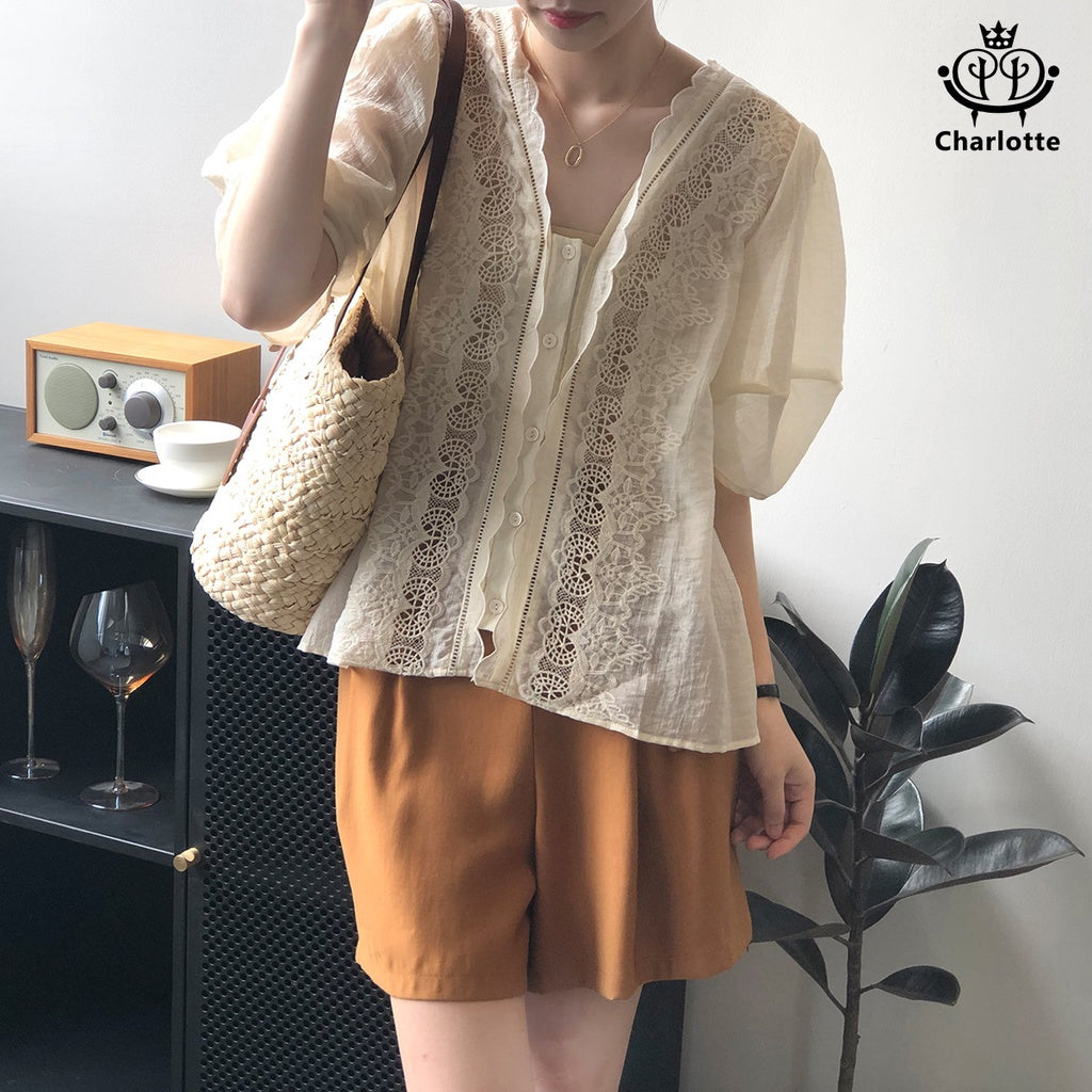 French lace embroidered babydoll shirt V-neck puff sleeve short-sleeved shirt [CHSH62]