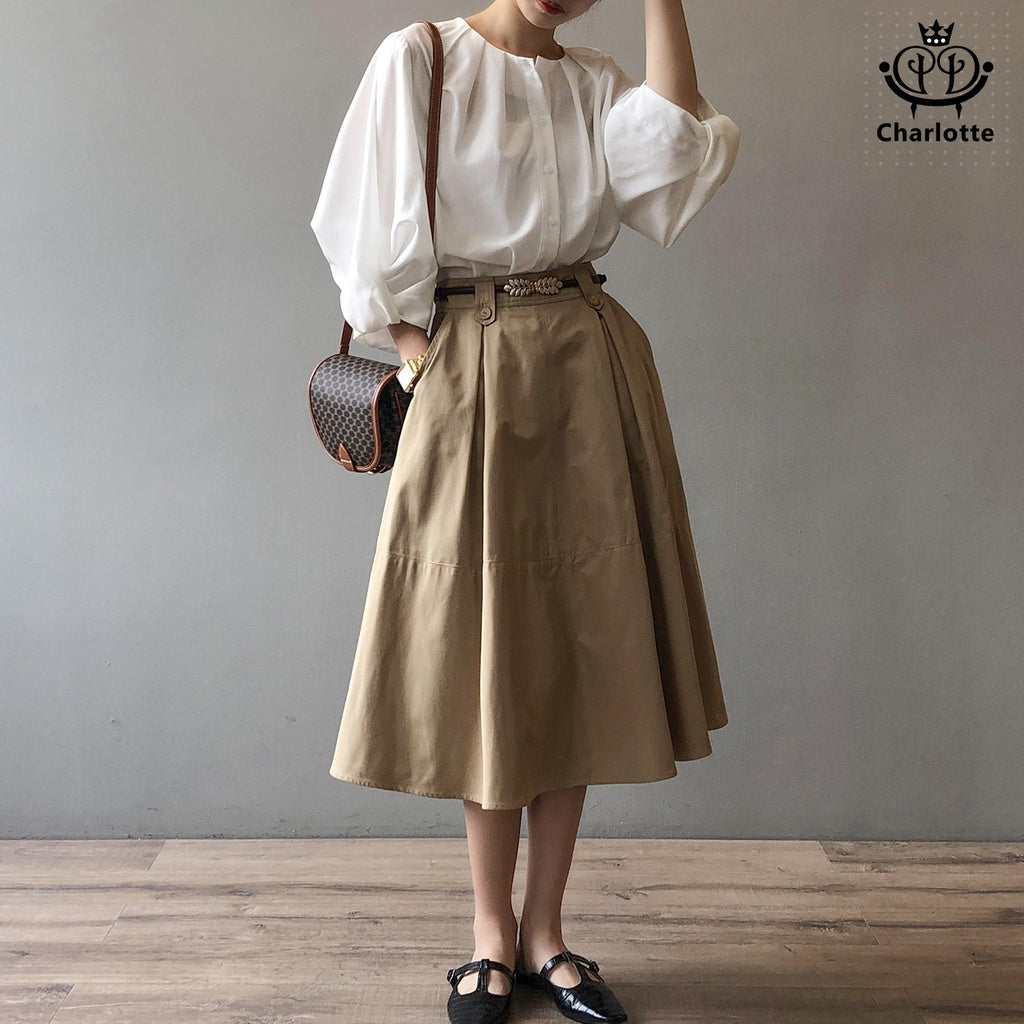 French mid-length princess skirt A-line skirt solid color princess skirt [CHSK33]