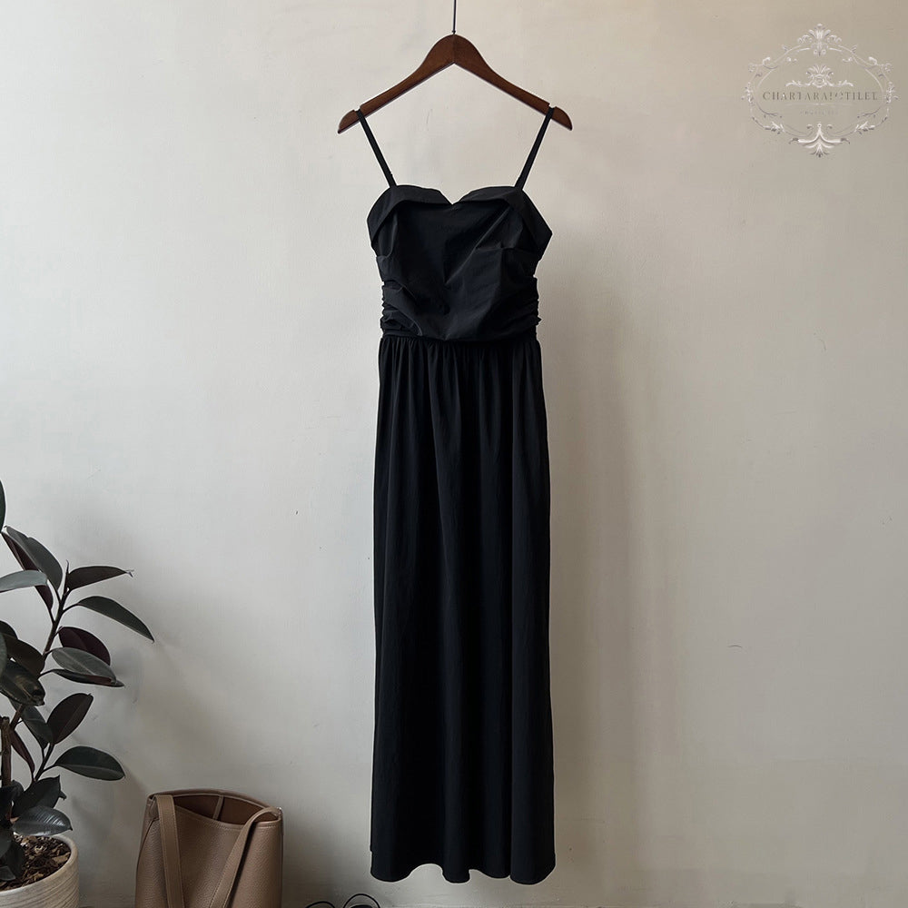 French retro waist-cinching A-line tube top long skirt pleated suspender dress [CHSK140]