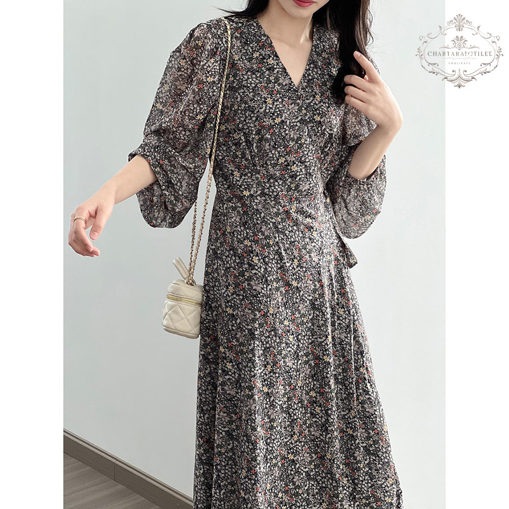 French style floral V-neck dress chiffon puff sleeves [CHSK132]