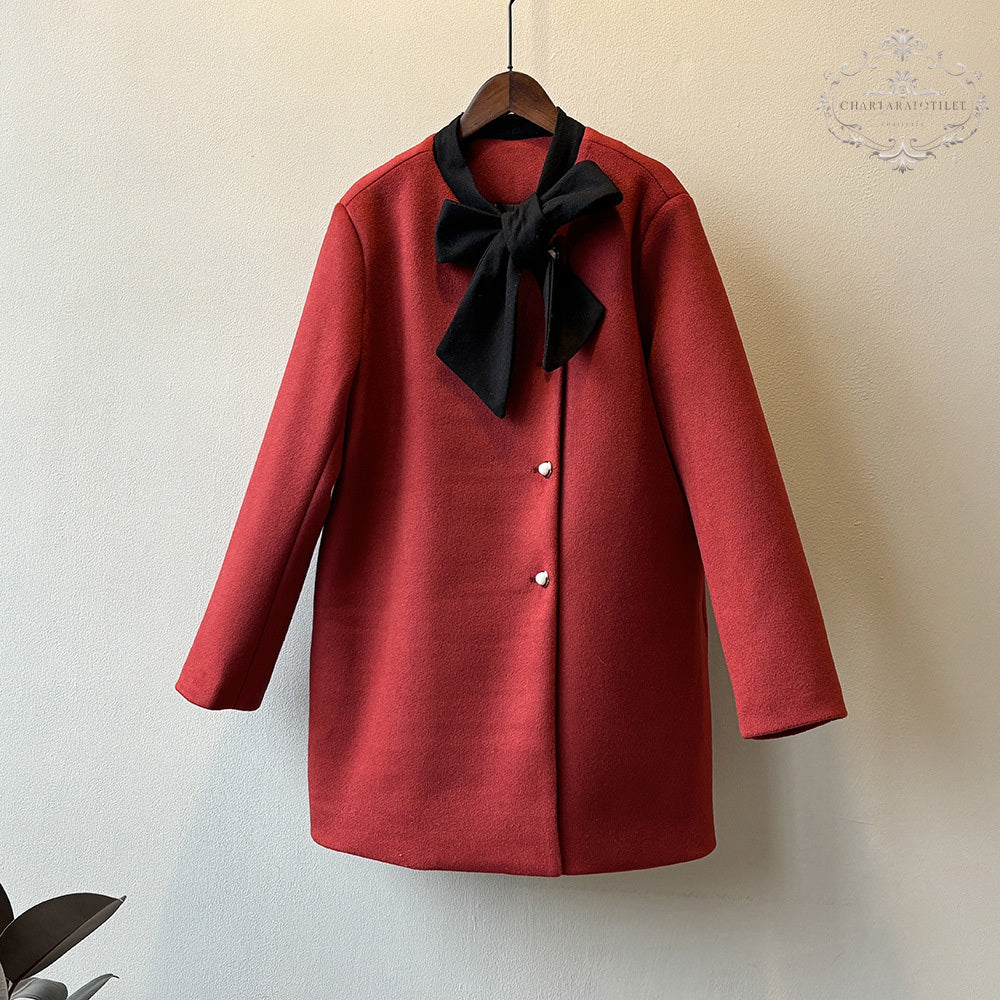 Xiaoxiangfeng contrasting bow woolen jacket in winter is loose and warm with white duck down lining [CHCO78]