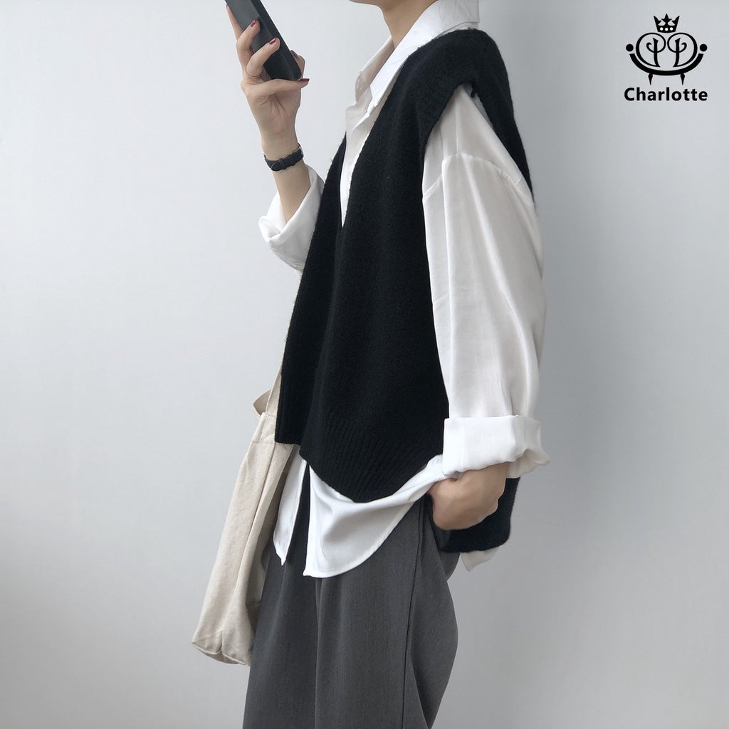 French V-neck loose vest sweater vest knitted vest vest [CHSW17]