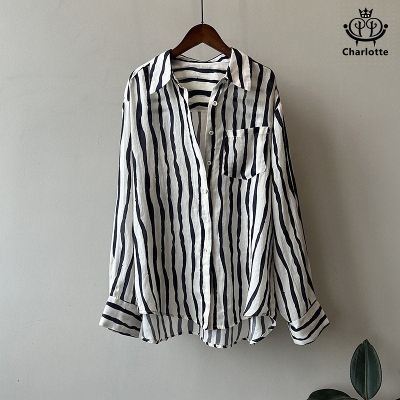 French linen casual vertical striped long-sleeved shirt sun protection shirt [CHSH98]