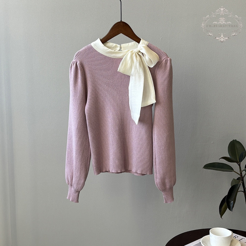 French bow tie round neck sweater with chic puff sleeves [CHSW70]