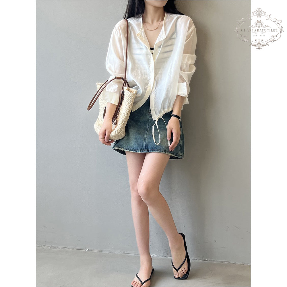 Korean drawstring design Tencel shirt metallic cold strap Tencel top [CHSH117]