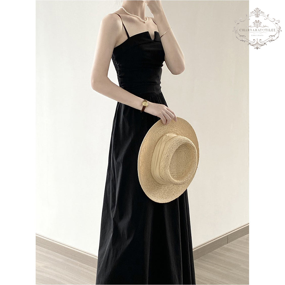 French retro waist-cinching A-line tube top long skirt pleated suspender dress [CHSK140]