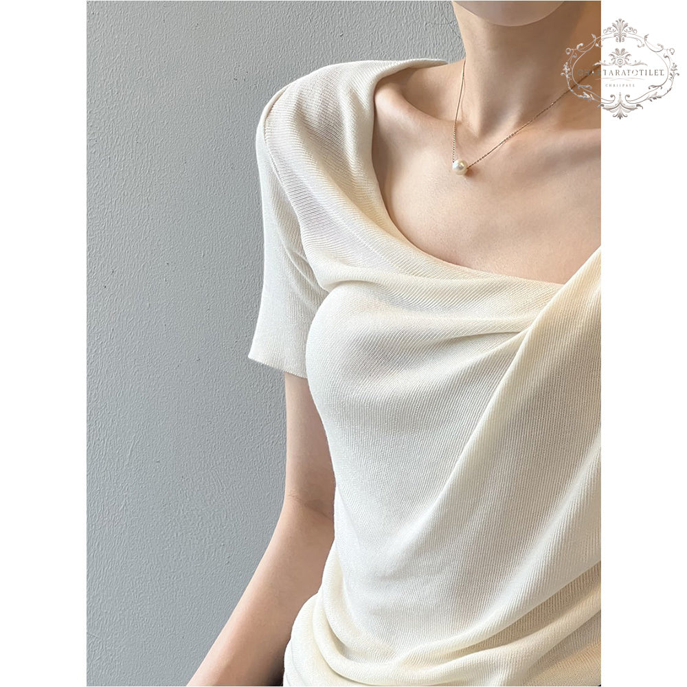 French Pure Desire Swing Collar Short Sleeve T-shirt Irregular Slim Waist Slimming Top [CHT29]