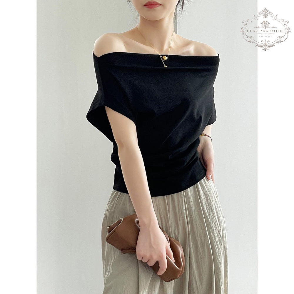 French one-piece collar, off-shoulder short-sleeved T-shirt, exquisite cotton threaded short-sleeved top [CHT26]