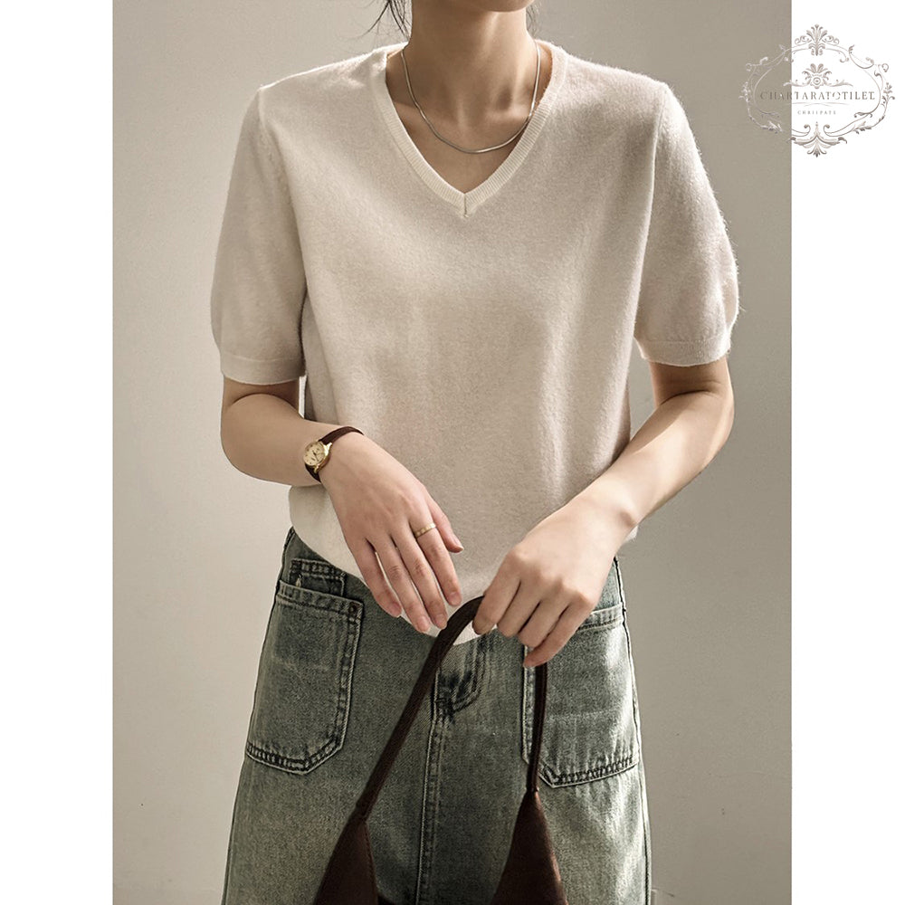 Simple velvet short-sleeved V-neck T spring thin bottoming pullover [CHT24]