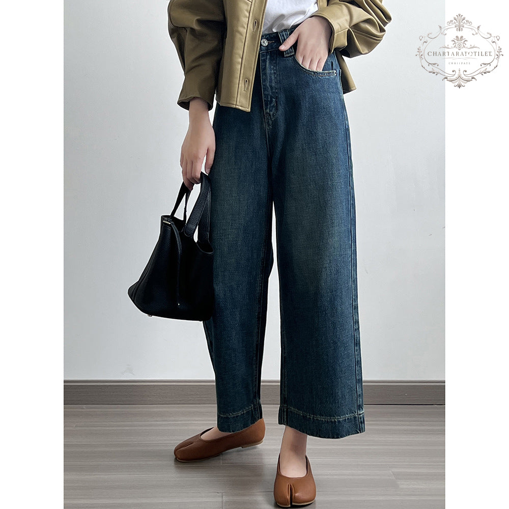 Lady's high-waisted straight-leg nine-point jeans Korean style loose wide-leg pants nine-point long jeans girls' jeans [CHJ11]