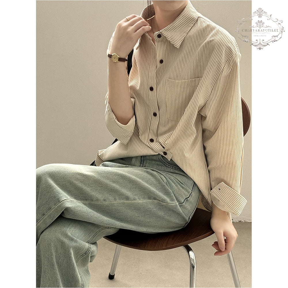 Age-reducing French striped shirt folded long-sleeved shirt [CHSH112]