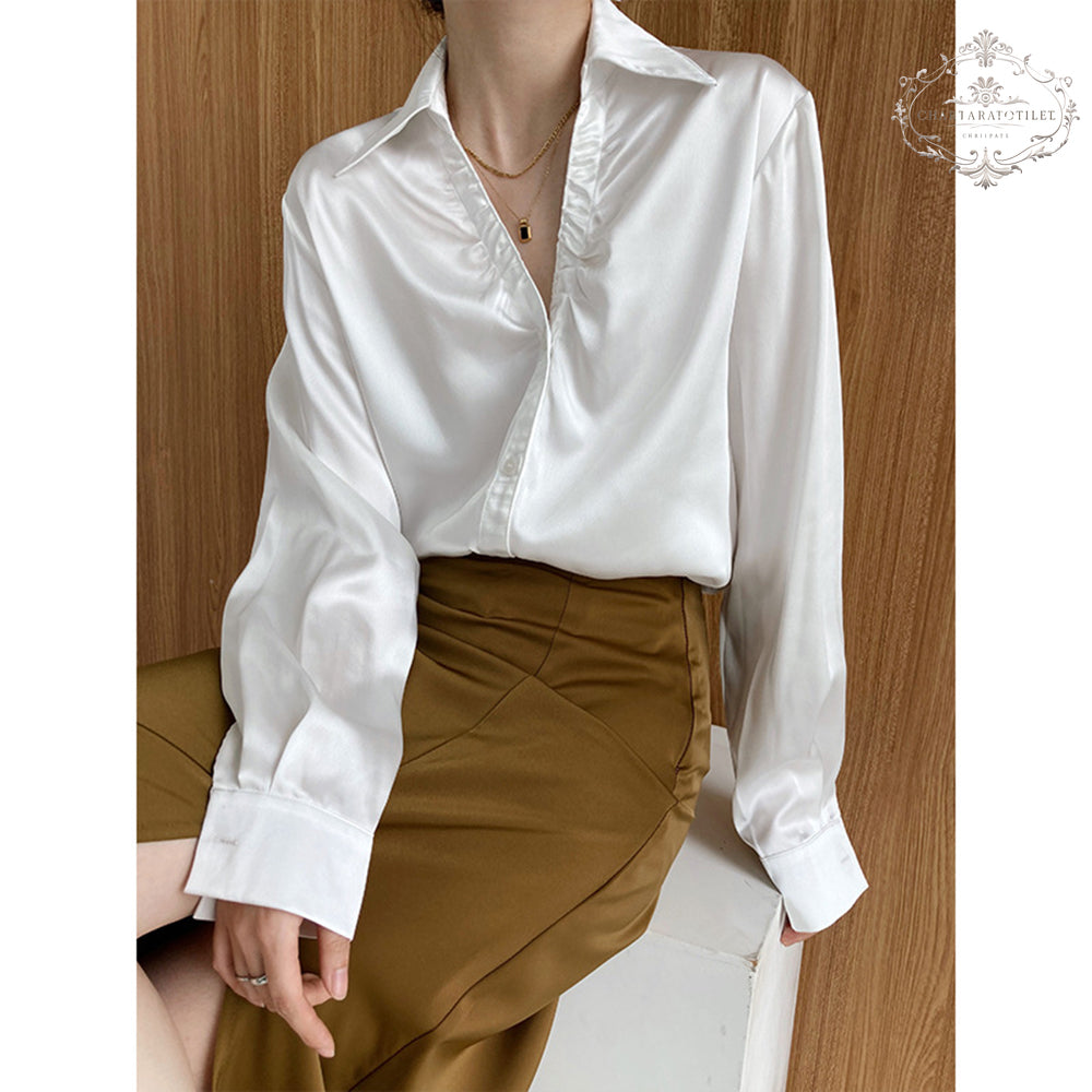 French European and American style lazy satin shirt pleated V-neck long-sleeved shirt [CHSH111]