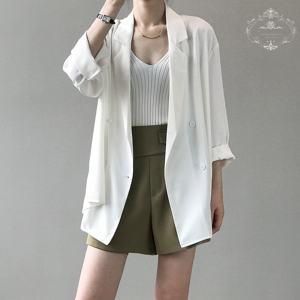 Korean version of online beauty thin small blazer spring and summer mid-length design sun protection small blazer suit collar loose casual jacket [CHCO83]