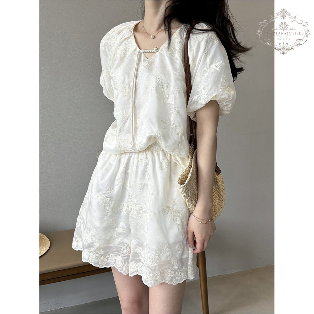 Baroque embroidered puff sleeves V-neck short-sleeved suit short-sleeved palace style Tencel top + shorts two-piece suit Lyocell Tencel suit [CHSH119]