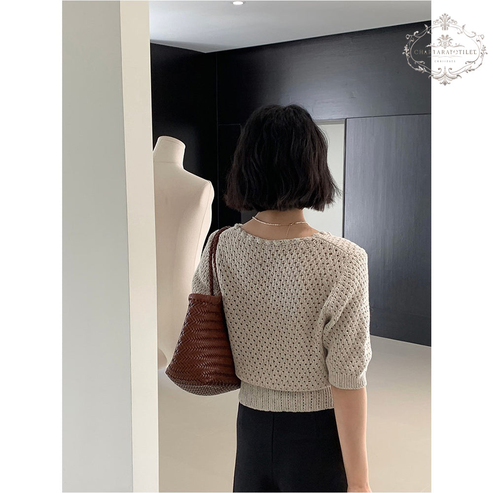 Korean generation handmade lace collar hollow short-sleeved thin sweater V-neck slimming design [CHSW74]