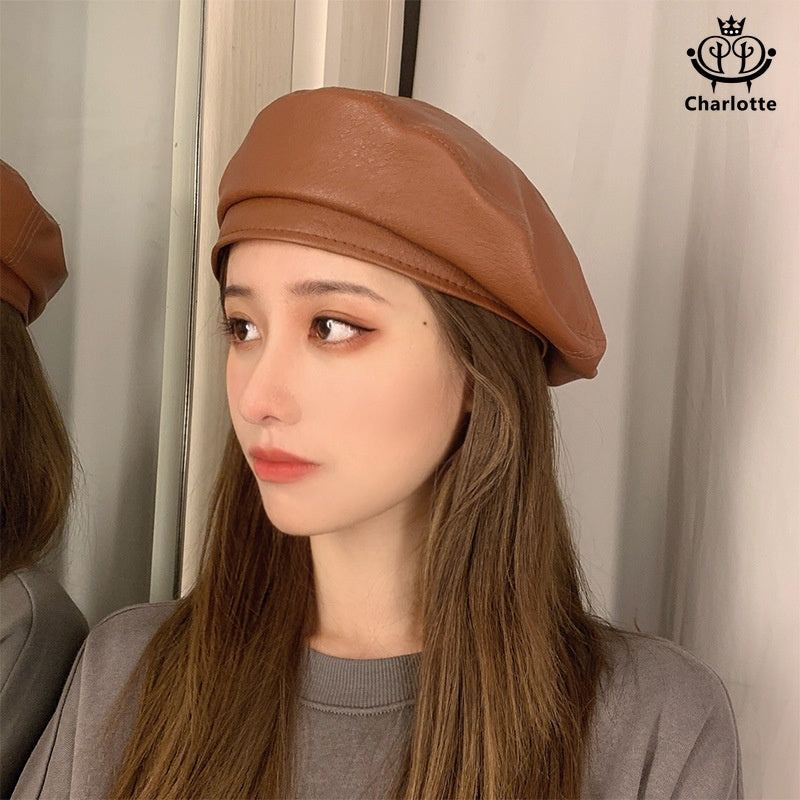 Fashionable retro PU leather beret octagonal hat British painter hat retro leather hat [CHCA5]