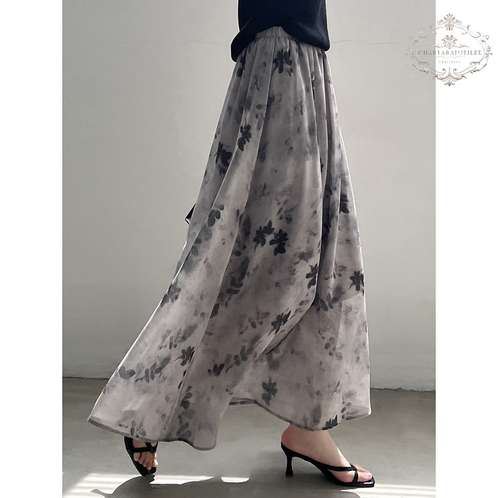 French retro style floral ink smudged skirt literary retro floral skirt CHSK144