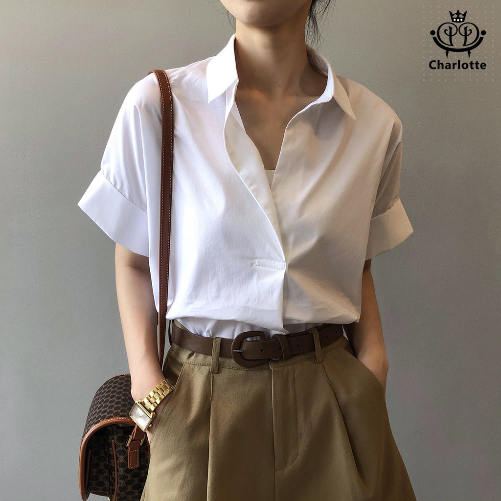 French drape pullover shirt, short-sleeved shirt, V-neck shirt, rolled sleeve shirt [CHSH29]