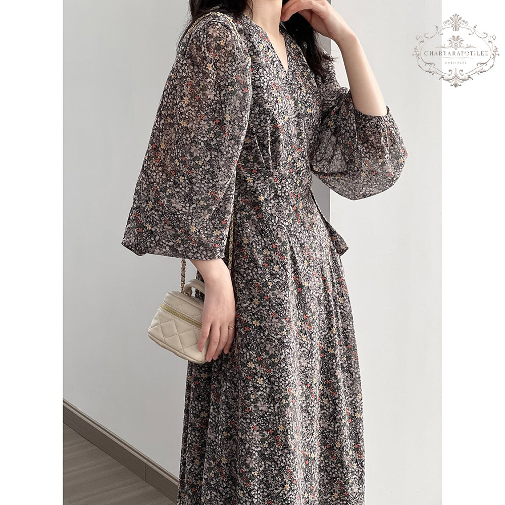 French style floral V-neck dress chiffon puff sleeves [CHSK132]