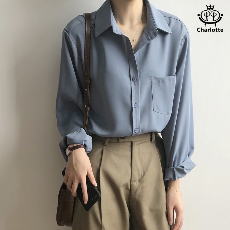 French spring style lazy women's shirt long-sleeved shirt lapel shirt [CHSH39]