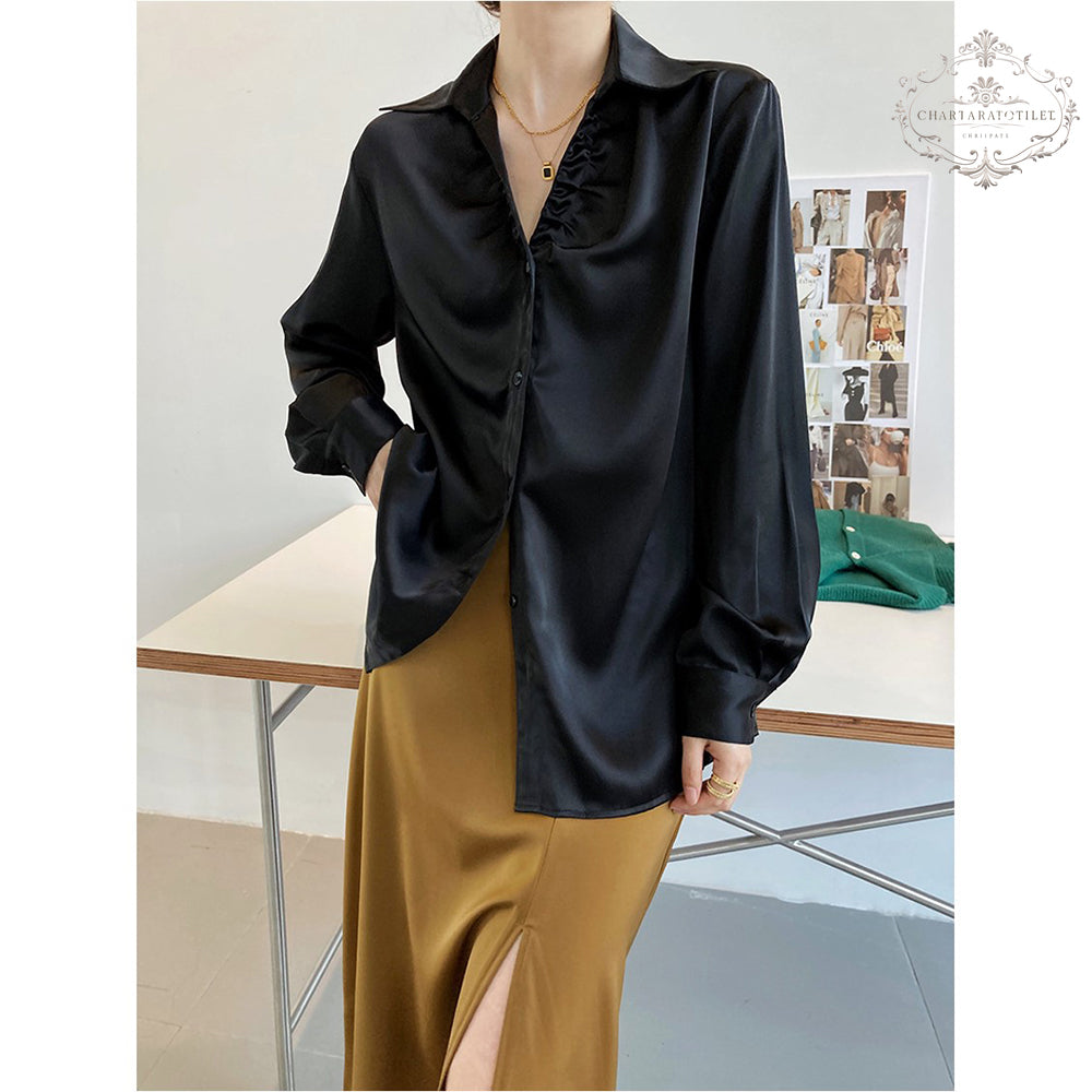 French European and American style lazy satin shirt pleated V-neck long-sleeved shirt [CHSH111]