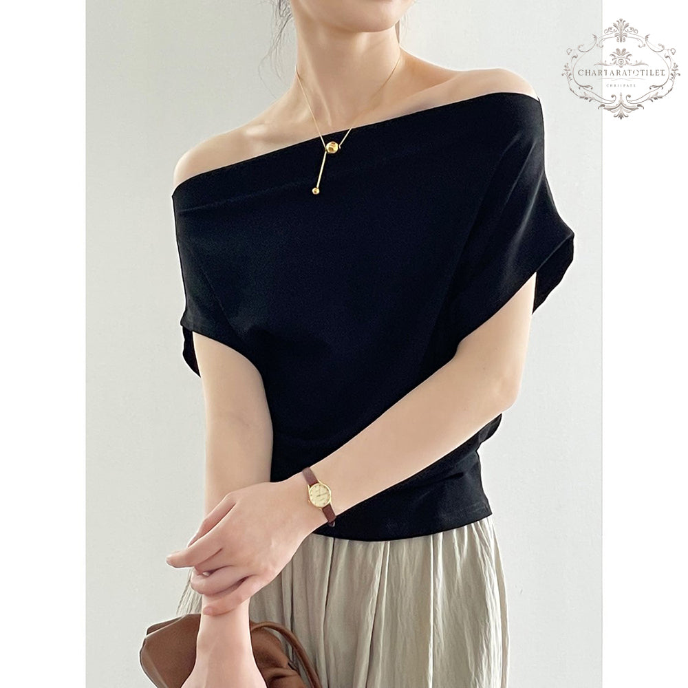 French one-piece collar, off-shoulder short-sleeved T-shirt, exquisite cotton threaded short-sleeved top [CHT26]